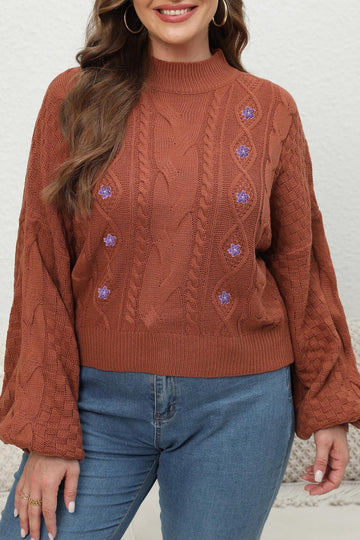 Woochic pull grande taille femme demi-col broderie florale manches lanternes brun 1XL